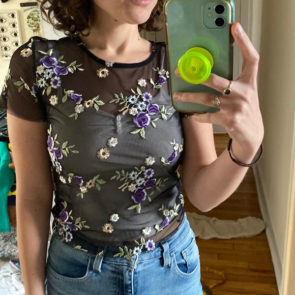 Urban Outfitters Sheer Mesh Cropped Black Floral Embroidered Shirt - Picture 3 of 6